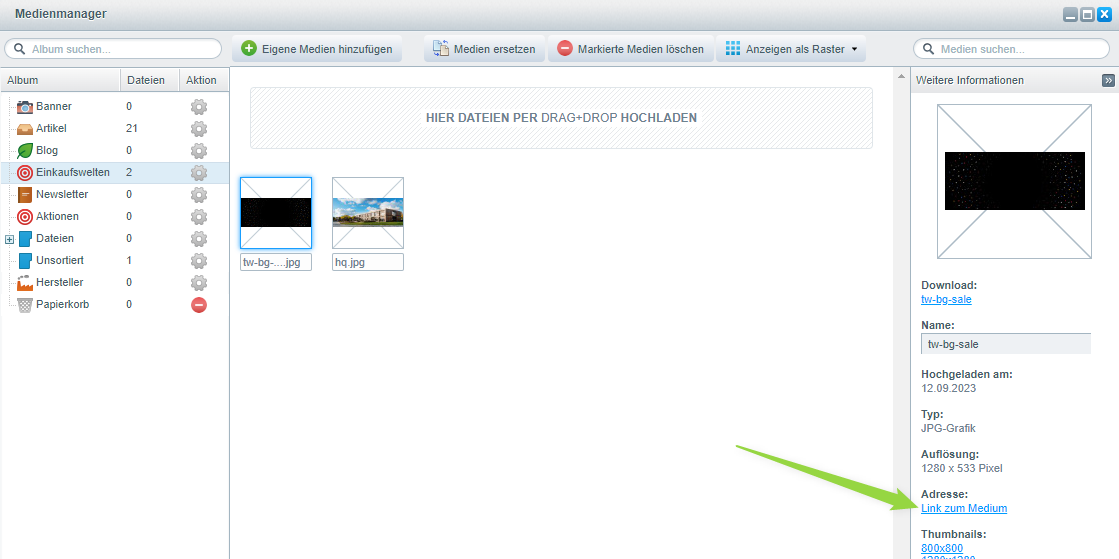 Shopware 5 Medienmanager: Link zum Medium