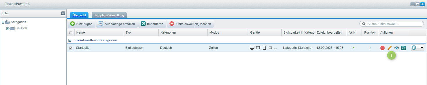 Shopware 5 Backend: Einkaufswelten-Liste