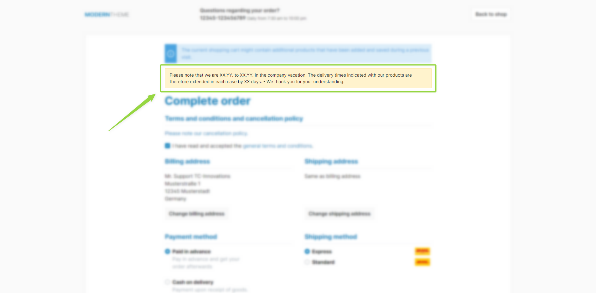 Individuelle Ankündigung (auf Produktseiten und im Checkout), Abbildung 2