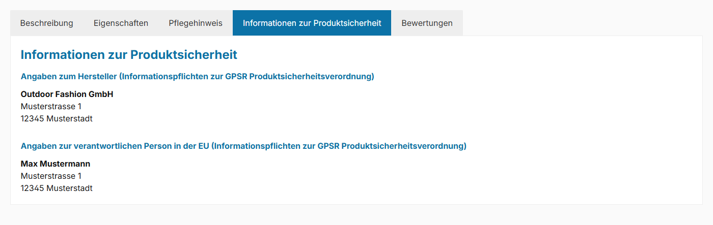 GPSR-Informationen in einem separaten Tab