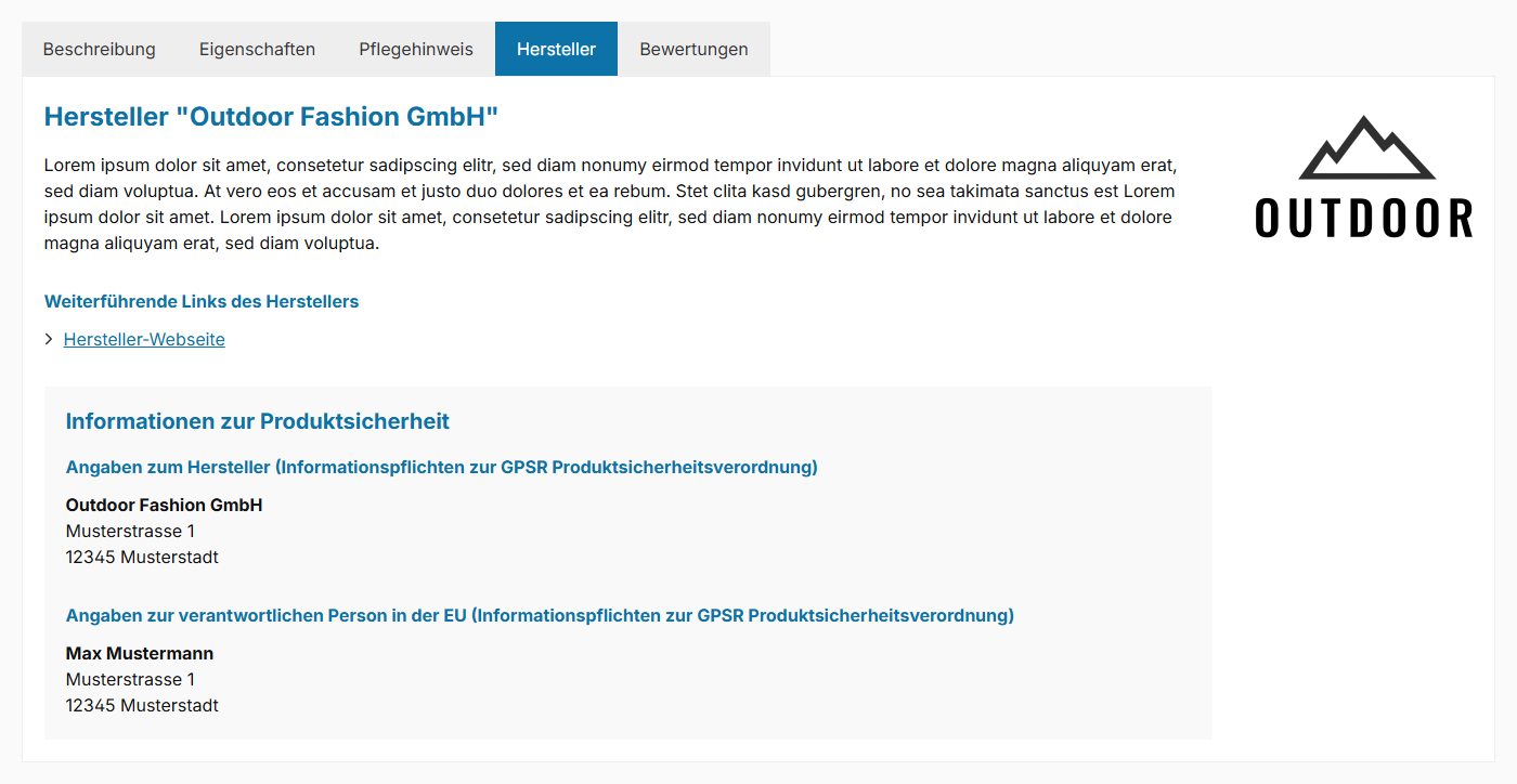 GPSR-Informationen im "Hersteller-Tab"