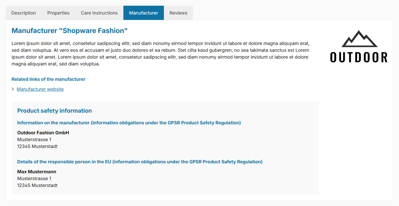 GPSR information in the "Manufacturer tab"