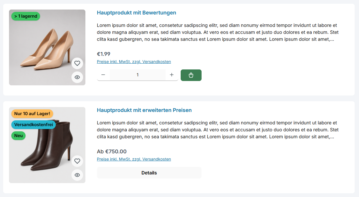 Listenansicht mit Mengenauswahl und Kaufen-Button sowie Details-Button