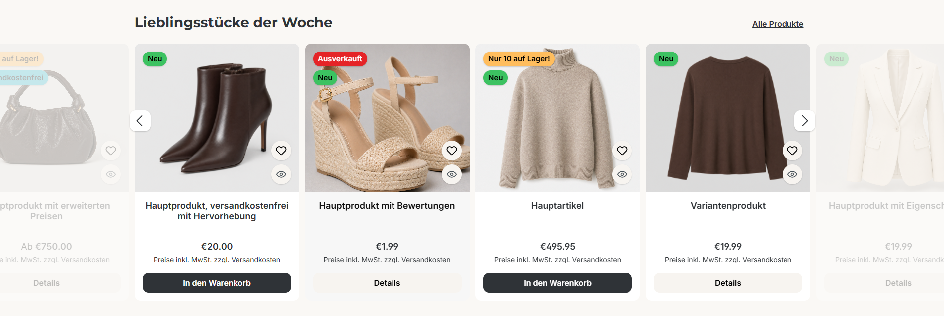 Produkt-Slider mit angeschnittenem Nachbarprodukt und Navigationspfeilen auf der Kante