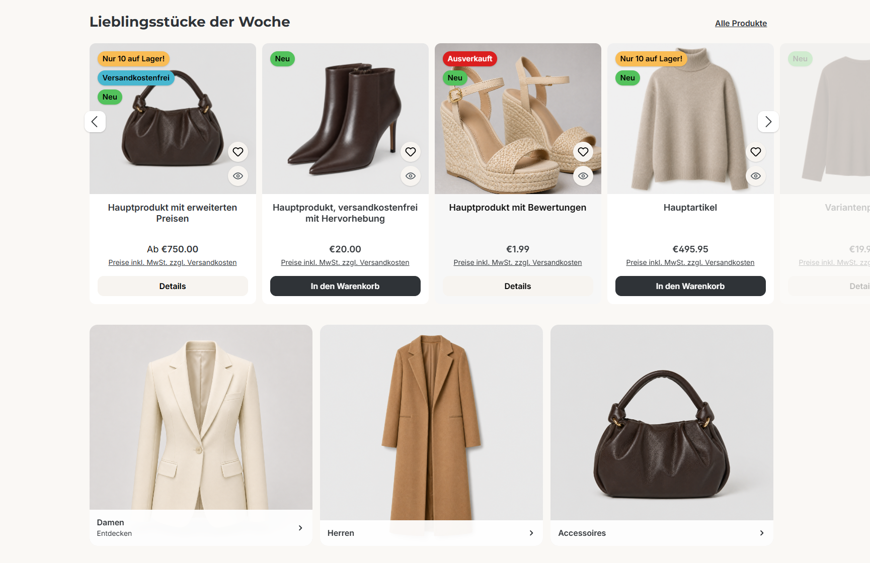 Produkt-Slider und Kategorie-Teaser auf der Startseite des ThemeWare® Showcase-Shops