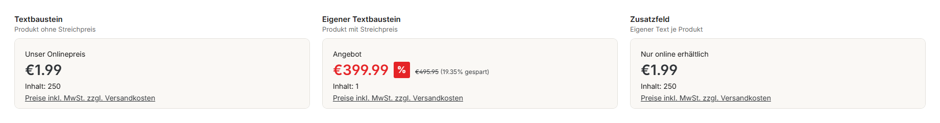 Preis-Label über dem Preis auf der Produktseite: Textbaustein, eigener Textbaustein bei Streichpreis und Zusatzfeld