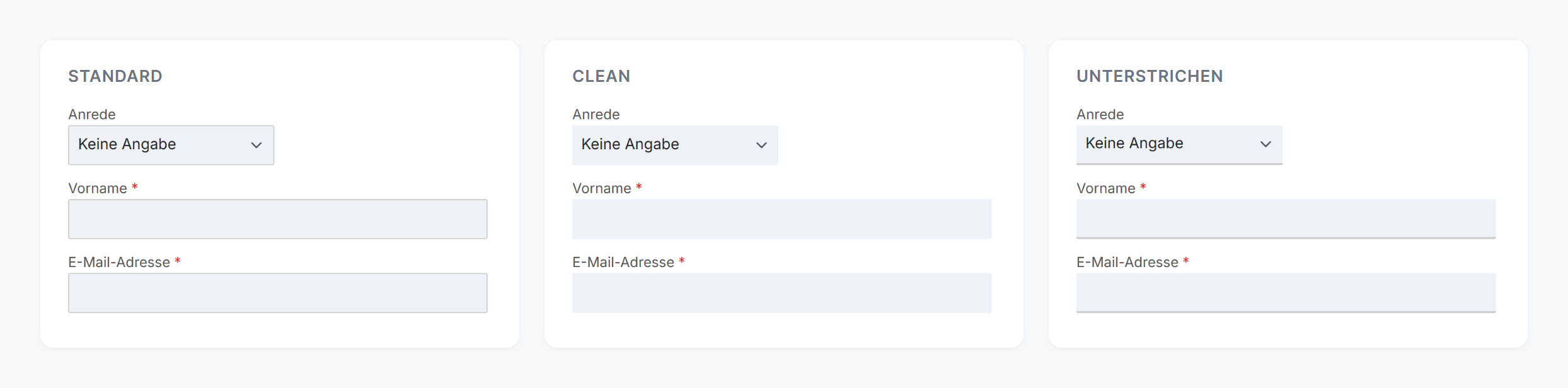 Registrierungsformular in den Darstellungsarten Standard, Clean und unterstrichen