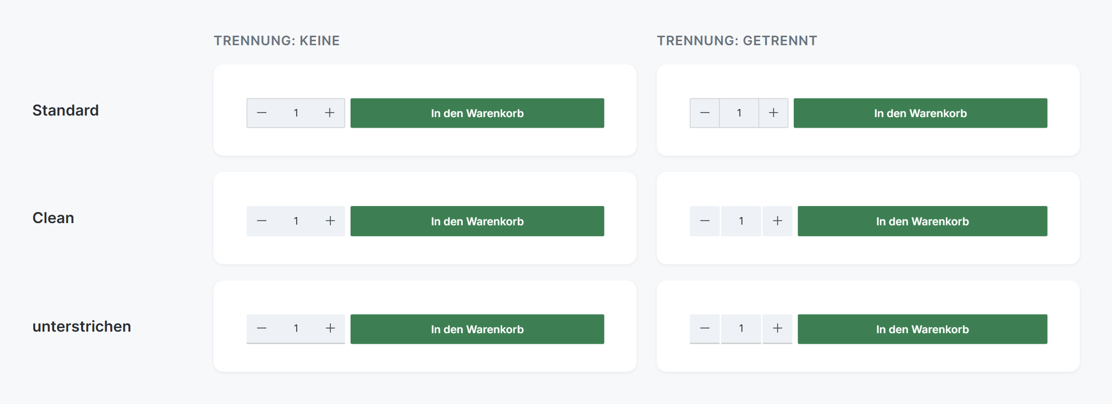 Mengenauswahl auf der Produktseite in allen Formular-Looks mit und ohne Trennung