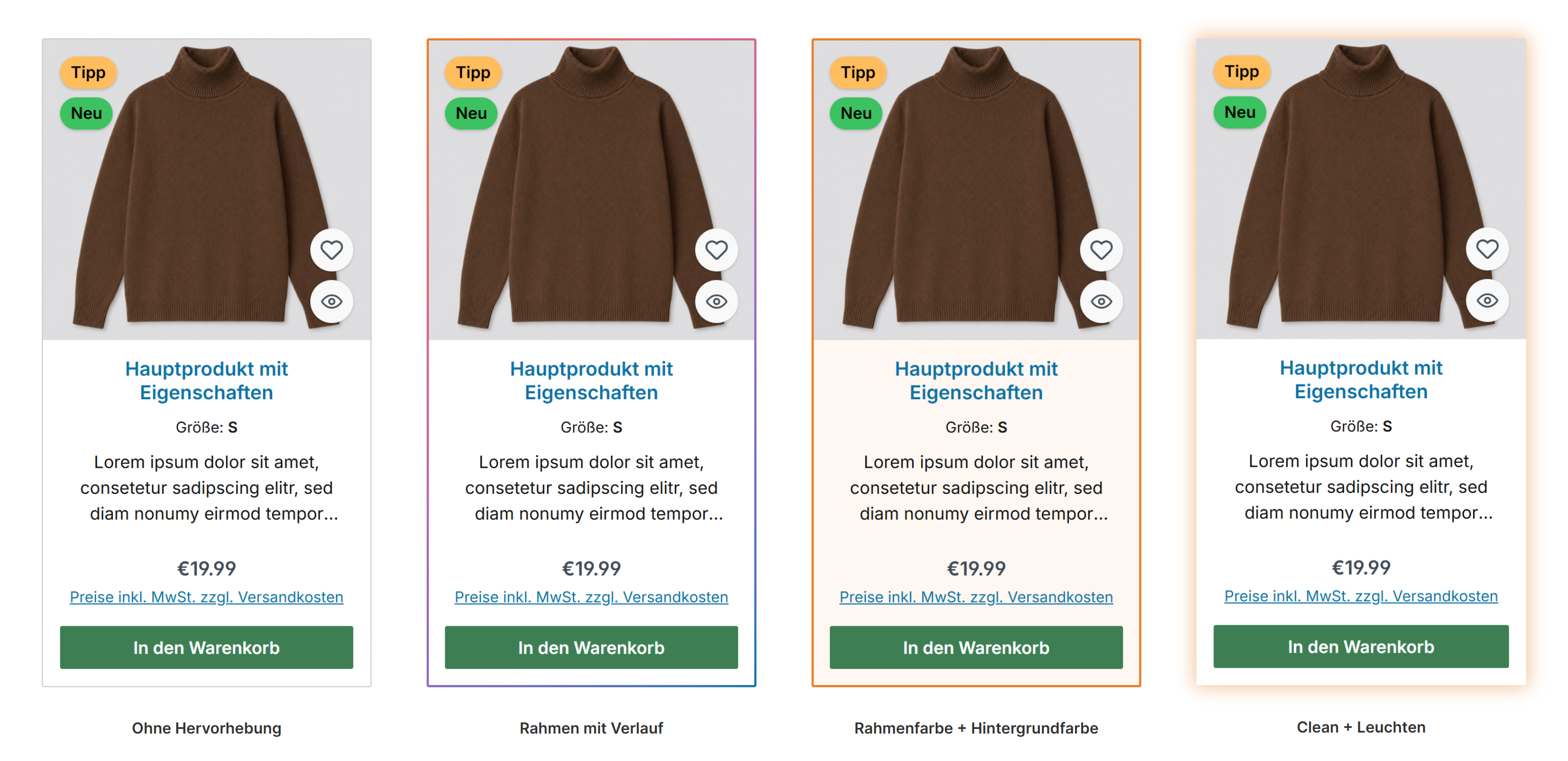 Topseller-Produkt-Box im Listing: ohne Hervorhebung, mit Rahmen mit Verlauf, mit Rahmenfarbe und Hintergrundfarbe sowie Clean mit Leuchten