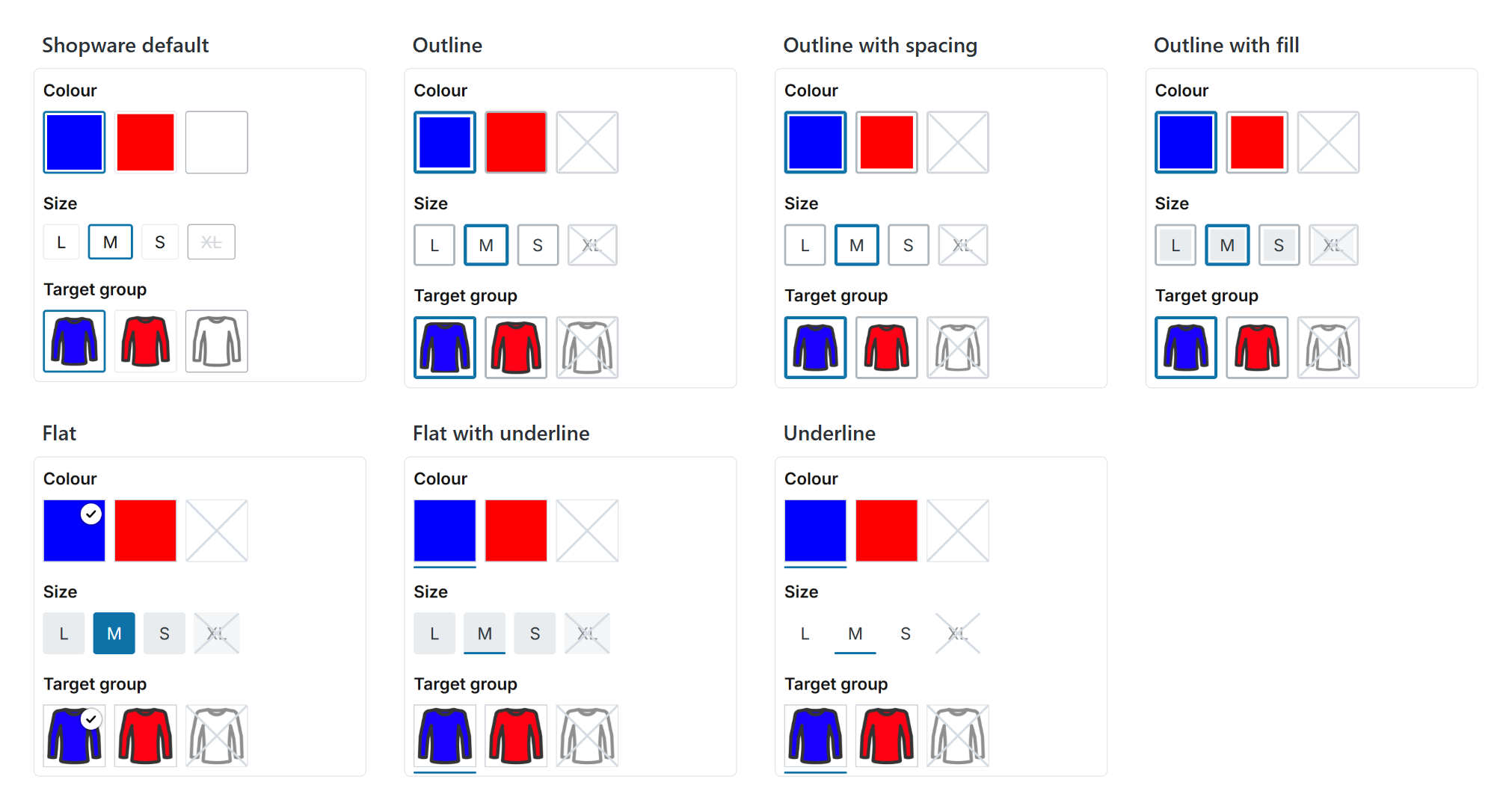 The seven layout types of the configurator