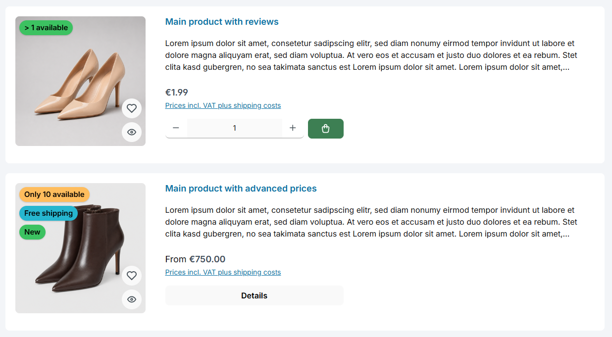 List view with quantity selection and buy button as well as a details button
