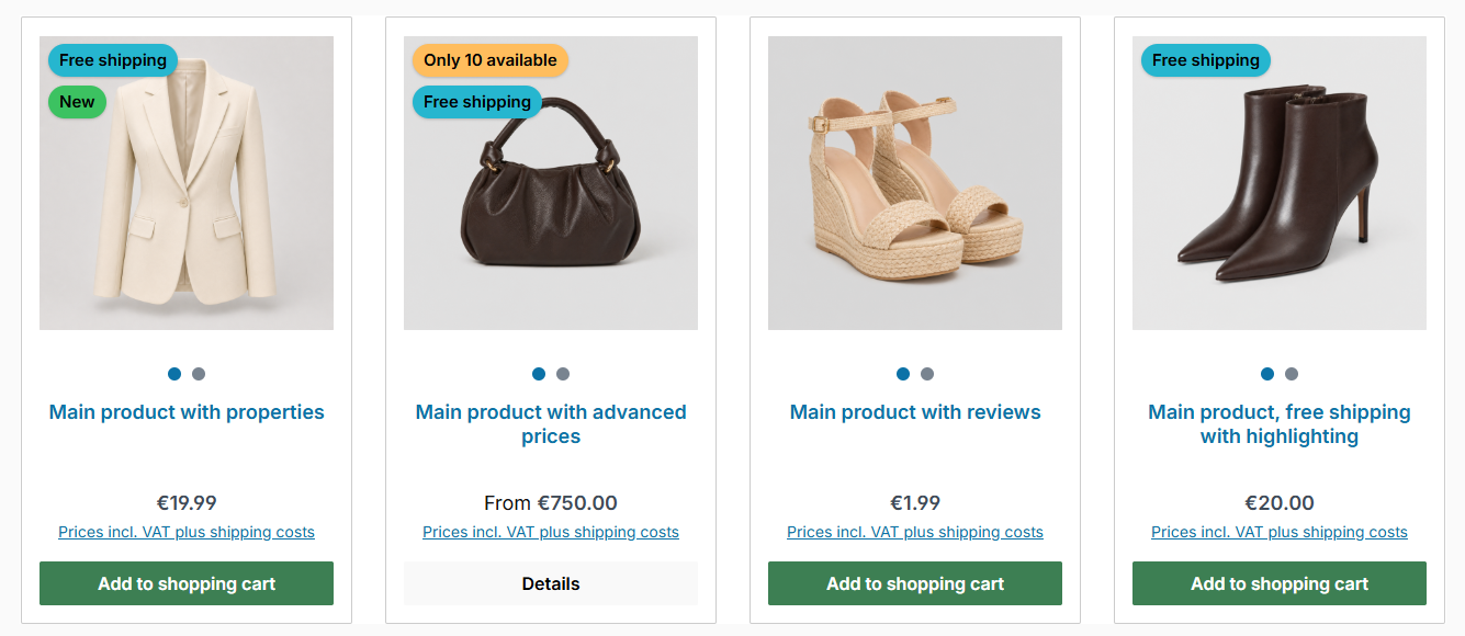 Product boxes in the listing with a dot toggle below the product image