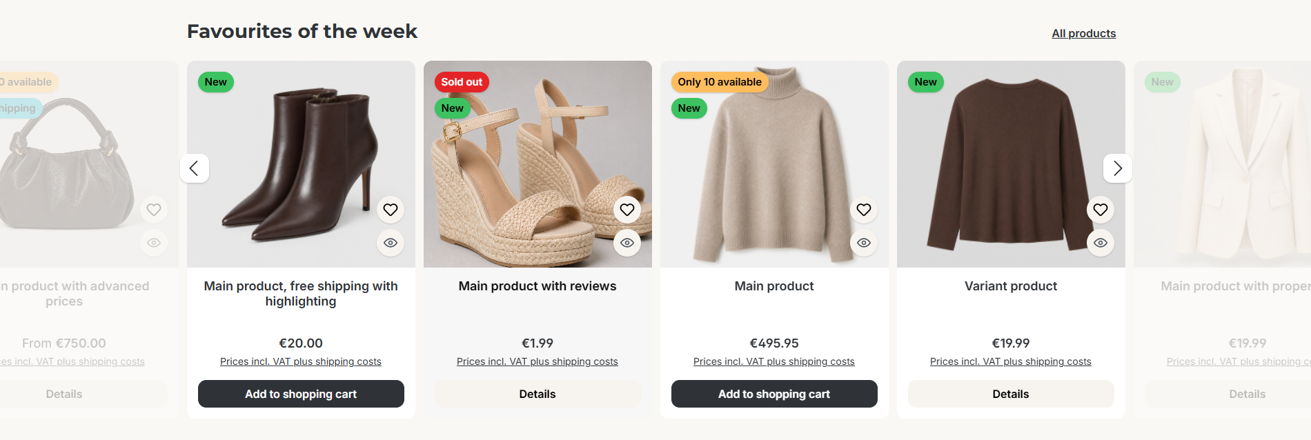 Product slider with a cropped neighbouring product and navigation arrows on the edge