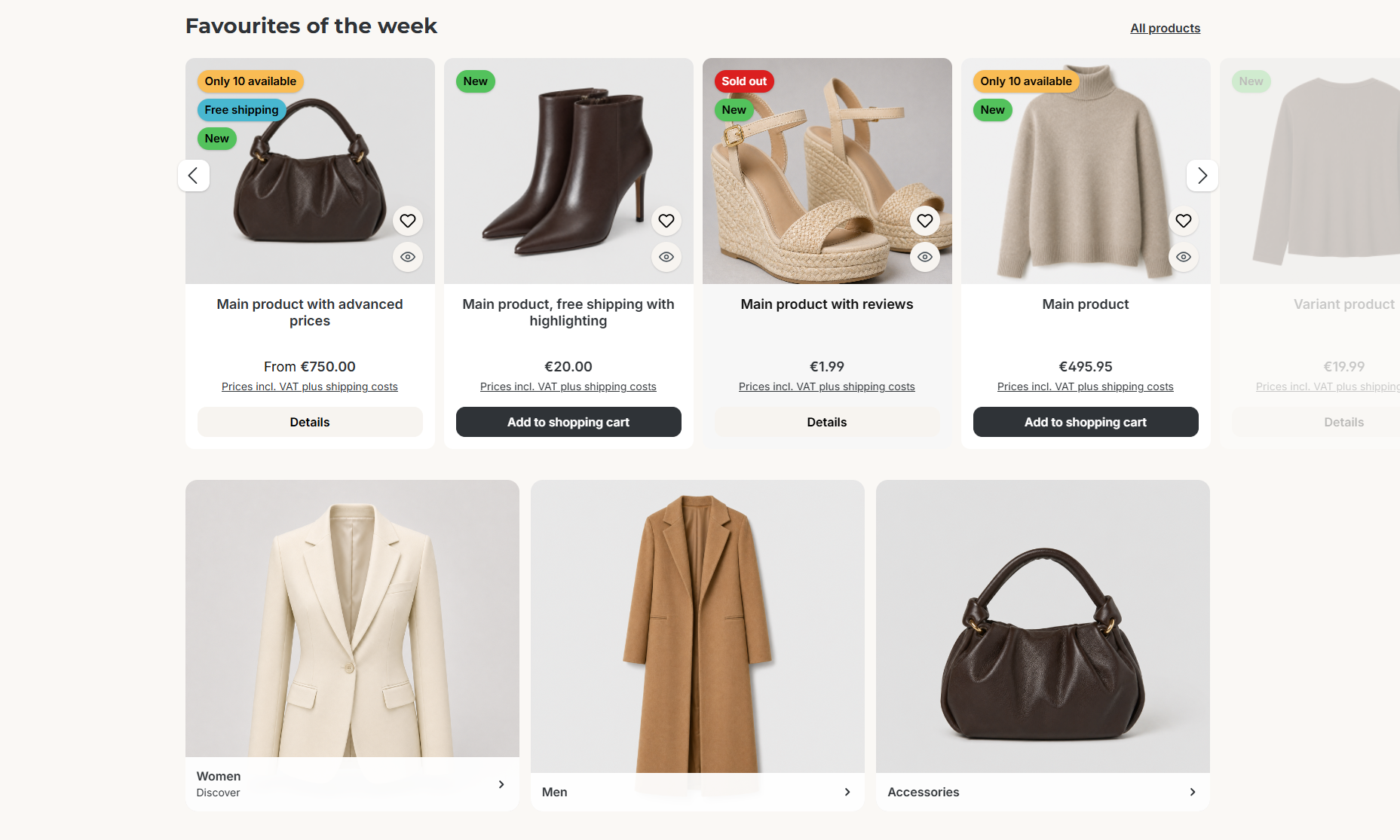 Product slider and category teasers on the home page of the ThemeWare® showcase shop
