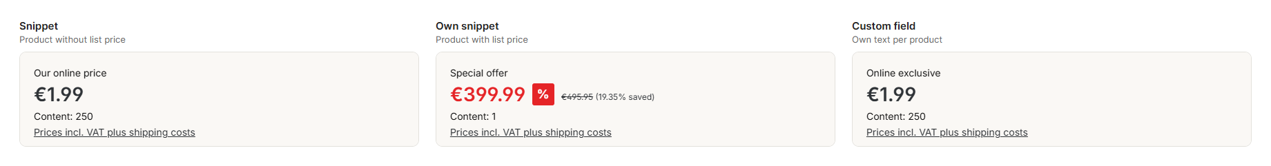 Price label above the price on the product page: snippet, own snippet with list price and custom field