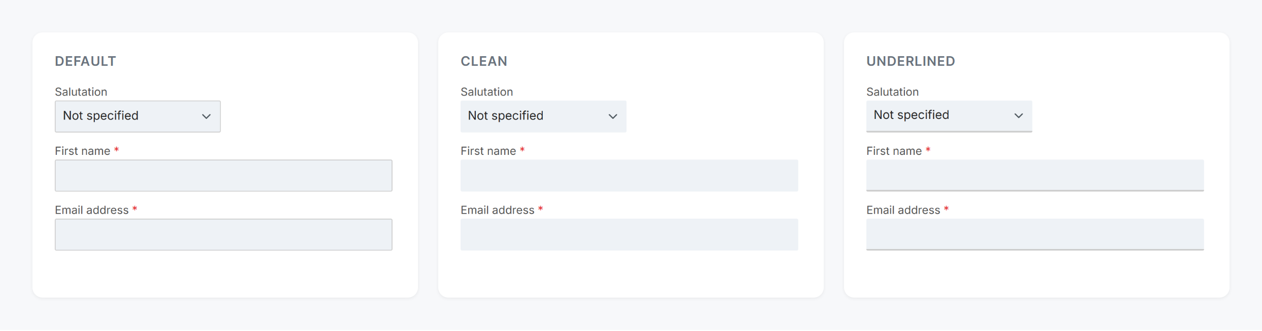 Registration form in the layout types default, clean and underlined