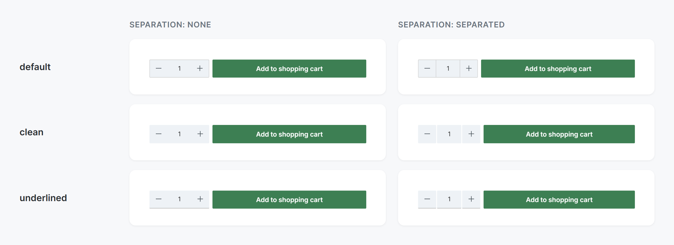Quantity selection on the product page in all form looks with and without separation