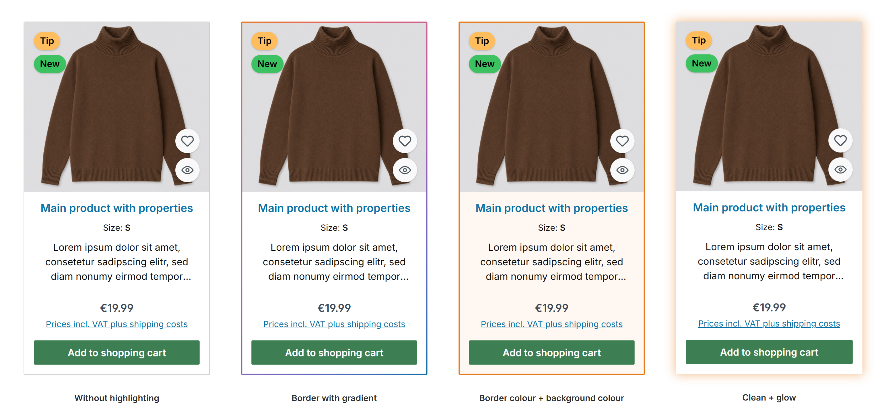Top seller product box in the listing: without highlighting, with border with gradient, with border colour and background colour and clean with glow
