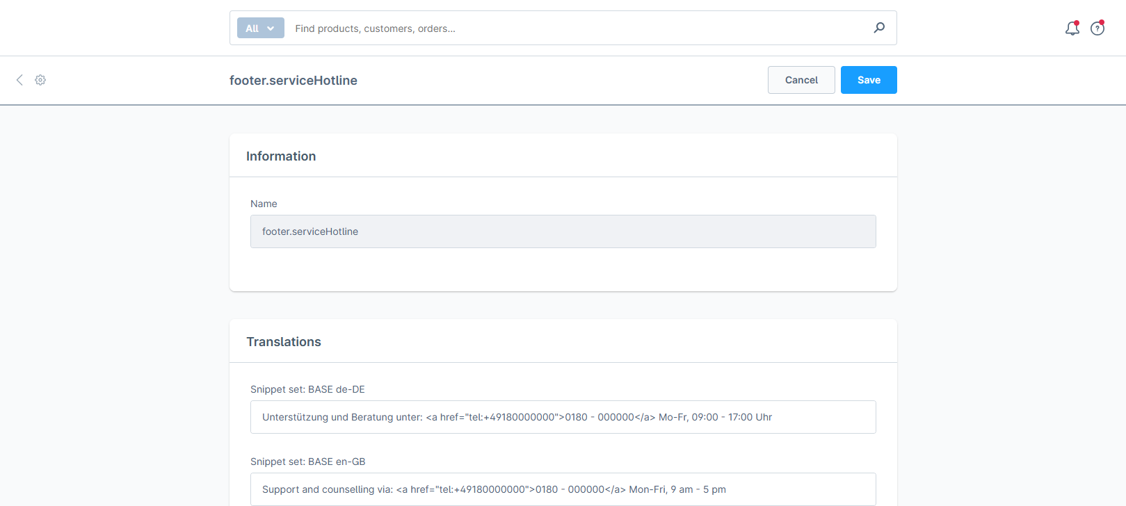Textbaustein "footer.serviceHotline" bearbeiten