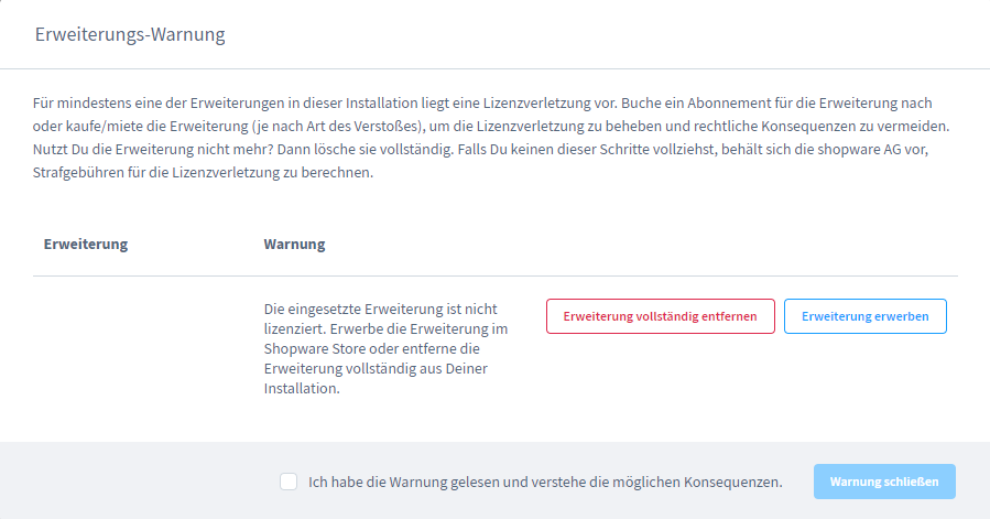 Shopware Erweiterungs-Warnung