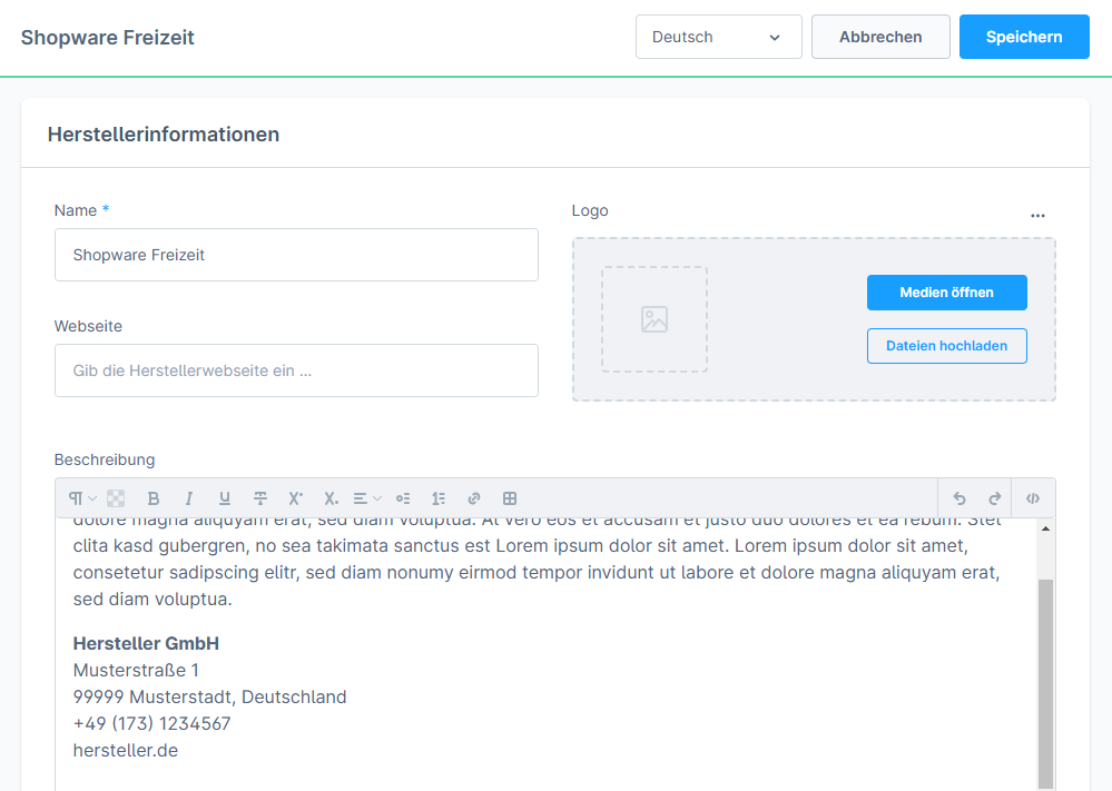Shopware ⇒ Herstellerinformationen