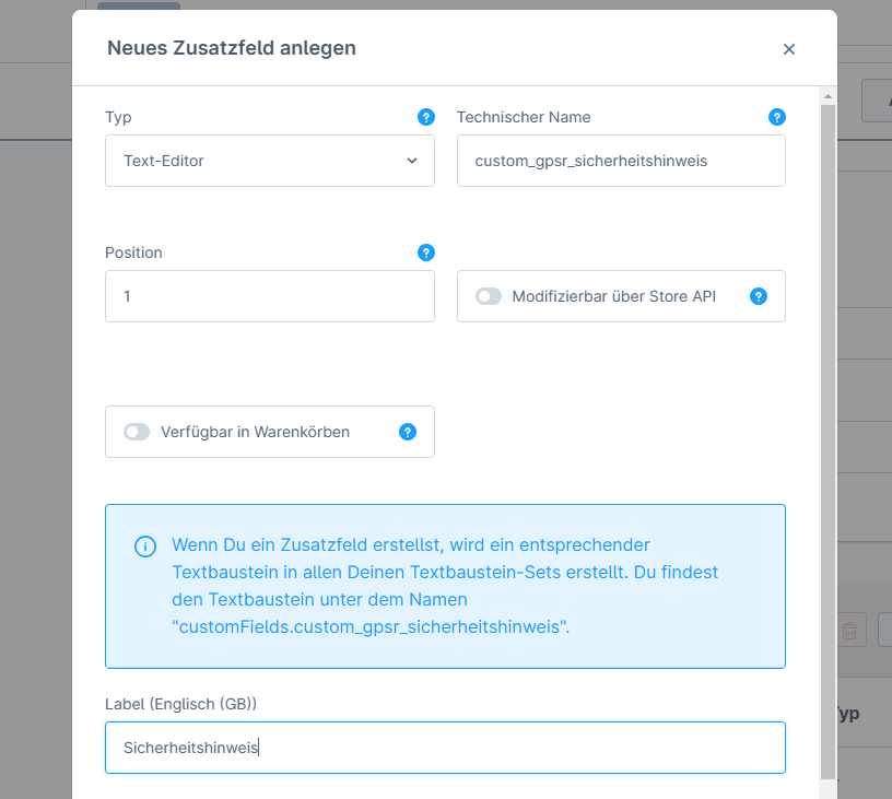 Shopware ⇒ Neues Zusatzfeld anlegen