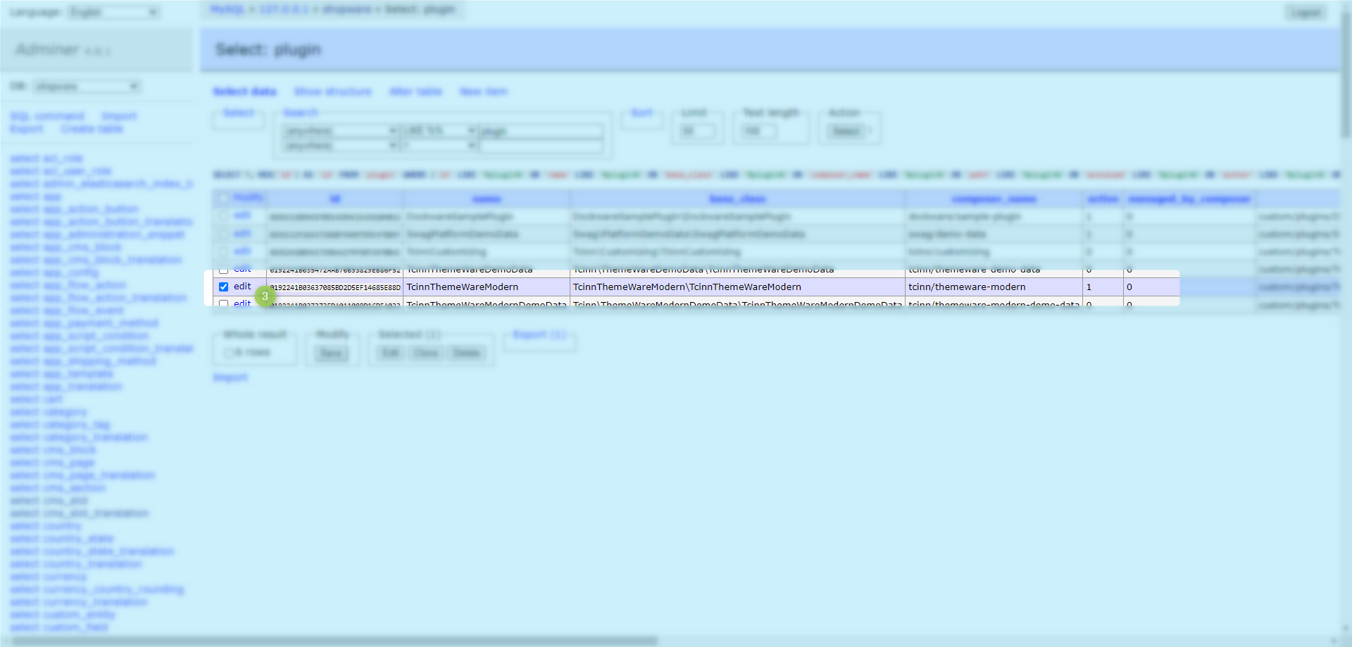ThemeWare® über die Datenbank deaktivieren, Abbildung 2
