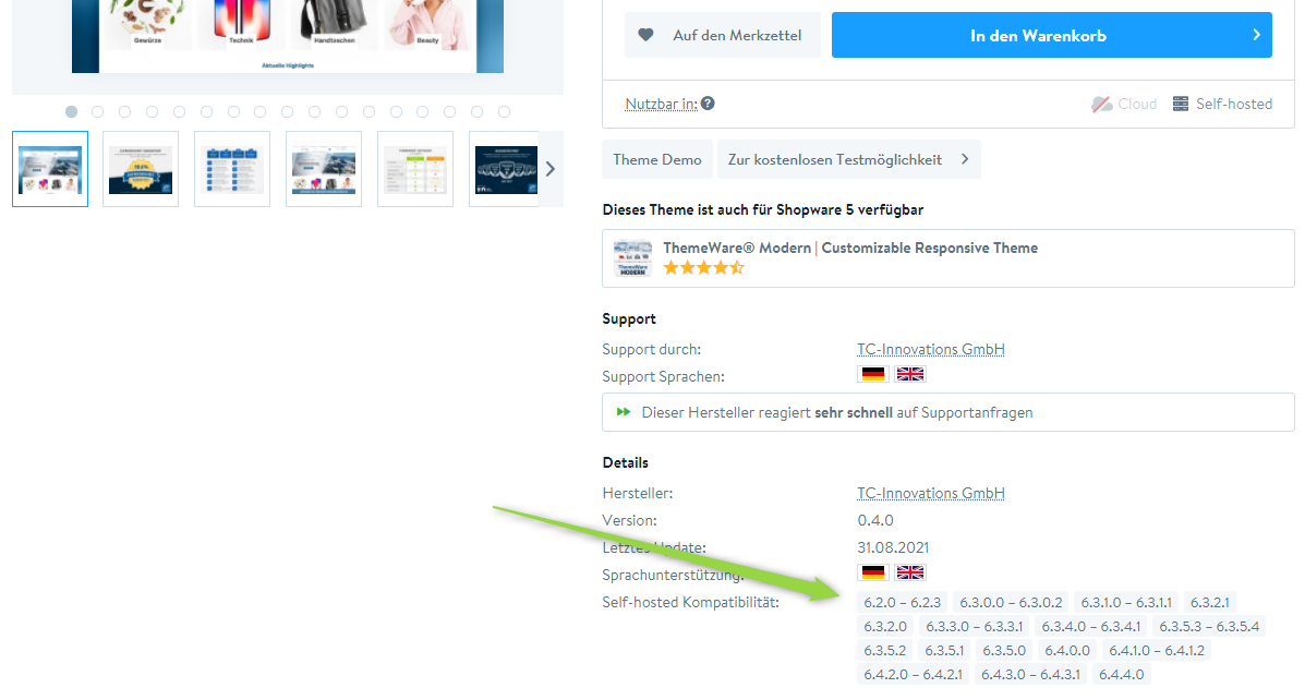 ThemeWare® Produktseite im Shopware Store