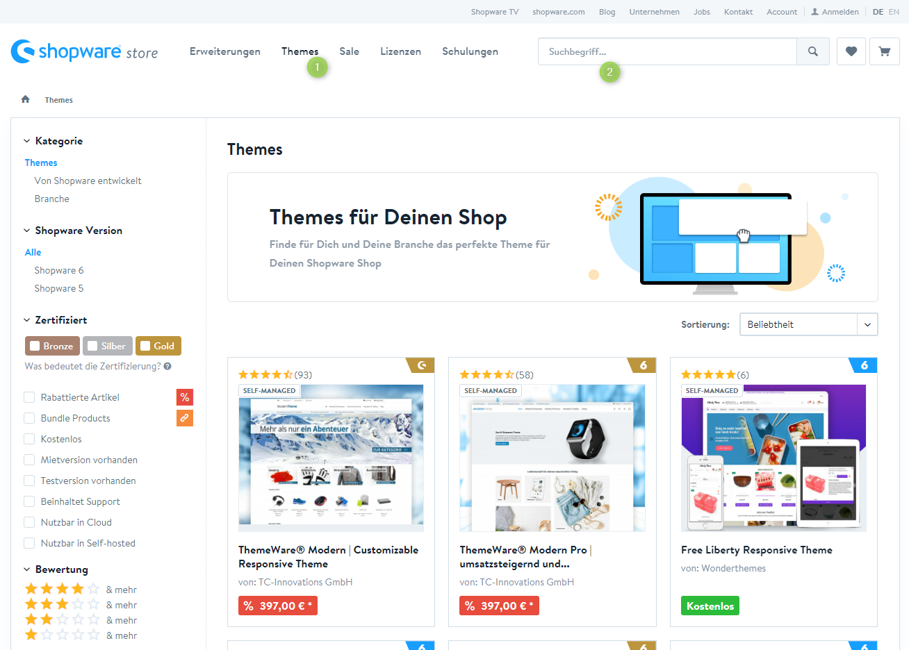 Shopware Store im Webbrowser
