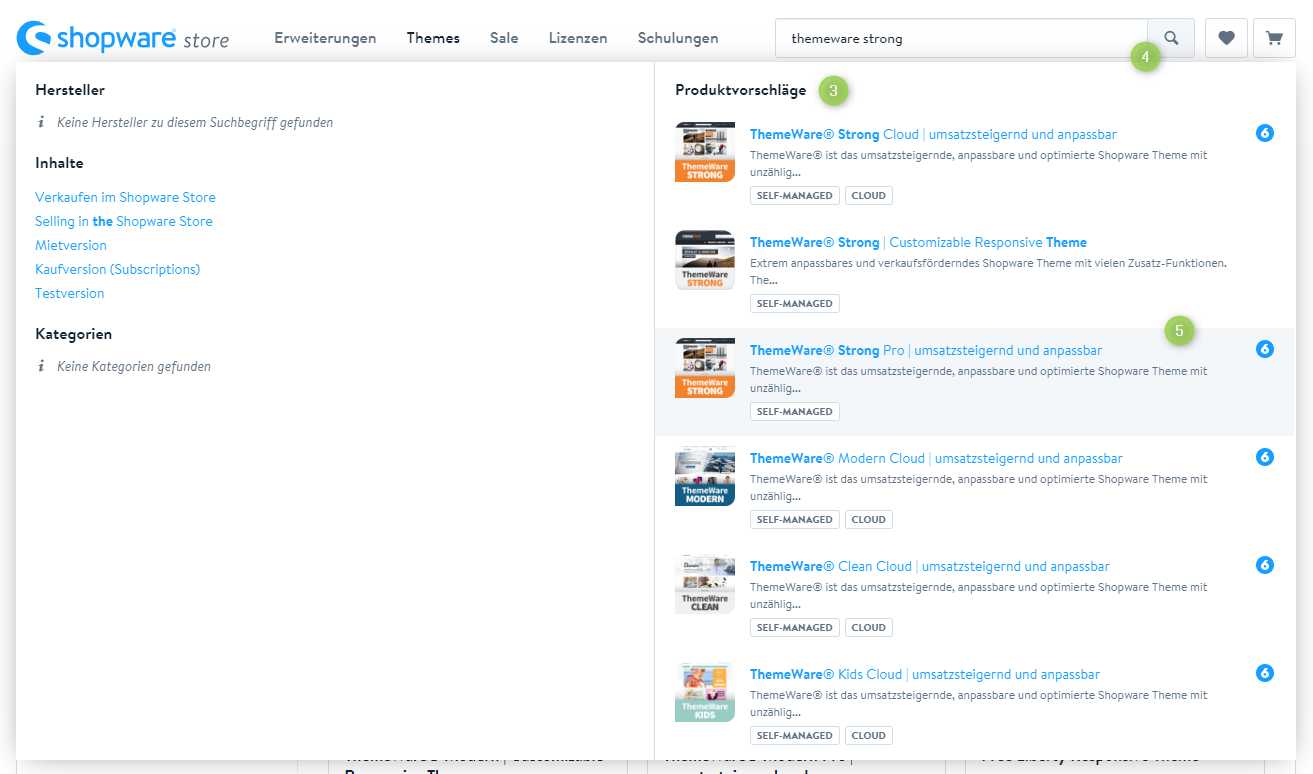 Suche im Shopware Webstore