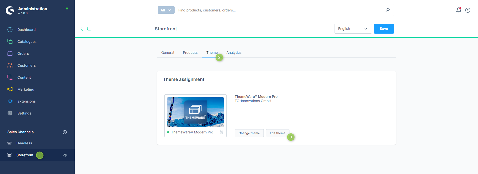 Accessing the theme configuration via the Theme Management
