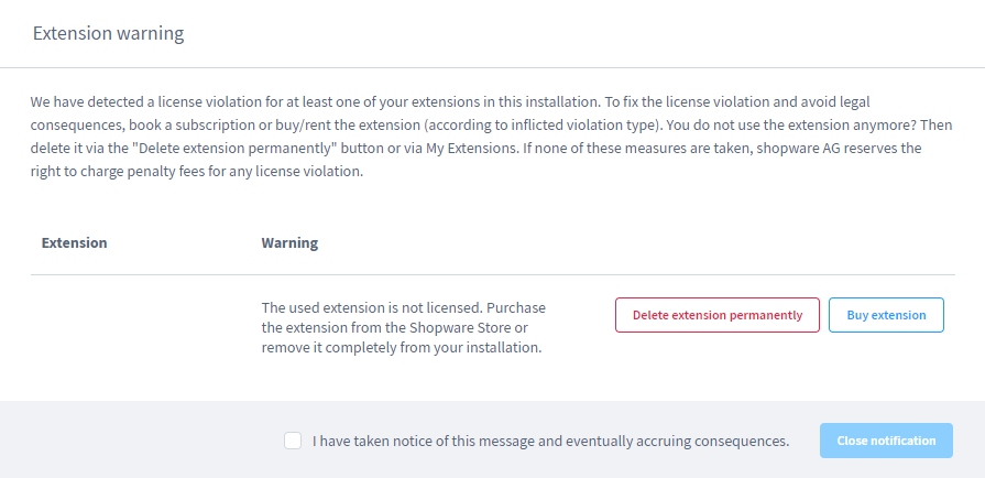 Shopware Extension Warning