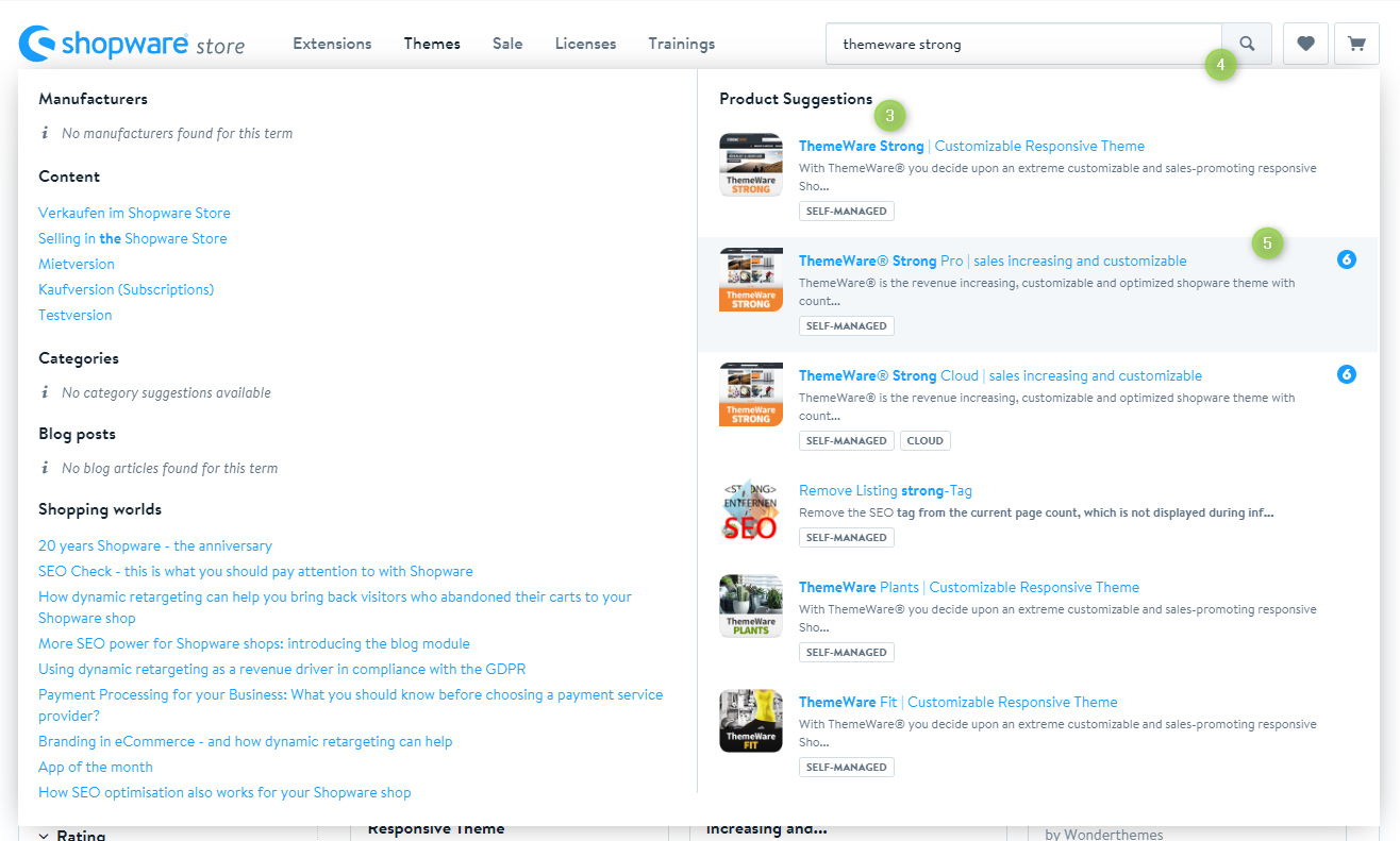 Search in the Shopware webstore