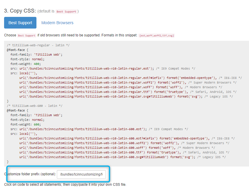 Embedding fonts locally using the ThemeWare® Customizing Plugin, figure 2